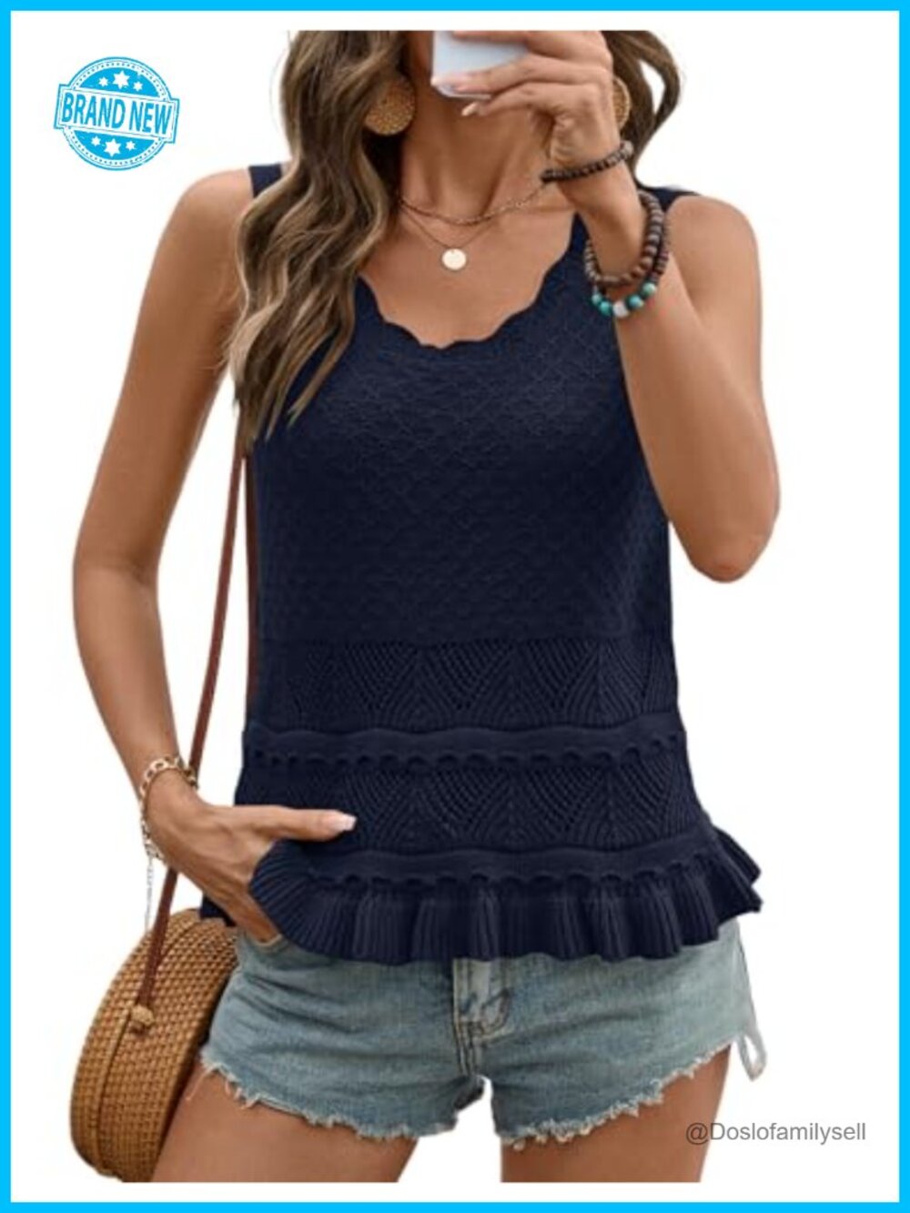 Crochet Sweater Vest Boho Sleeveless Tank Top Ruffle Hem Pullover